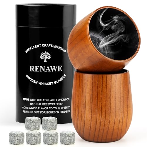 Wooden Whiskey Glass Sets of 2 Unique Gift for Dad Man Bourbon Glasses Accessories Buffalo Trace Wood Cup 65th 50th 40th Birthday Gifts for Men 80 Year Old Christmas Drinking Gifts for Him Husband Dad