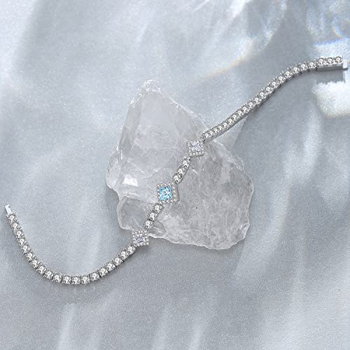 Fancime Sterling Silver Aquamarine Cz Tennis Bracelet Classic Simulated Diamond Bracelet March Birthstone Square Gemstone Bracelet Dainty Anniversary Birthday Fine Jewelry Gifts For Women 7.2" #TOP4