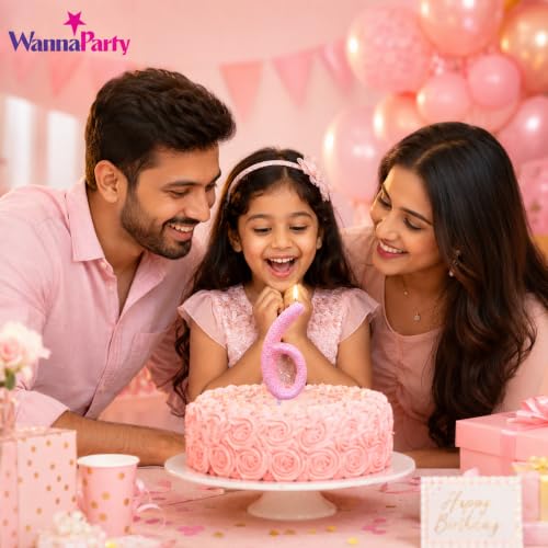 Image of Wanna Party Glitter Designer Pink Number 6 Birthday Candle, Numerical Cake Candle for 6th Birthday, Cake Cutting, Party Decoration & Celebration Supplies - 1PC