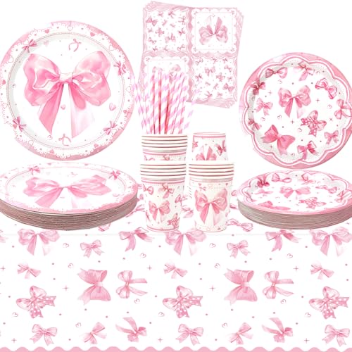 Decoraciones de fiesta de lazo rosa – Vajilla de fiesta de lazo – Platos de cena, platos de postre, tazas, servilletas, mantel de popote, suministros para fiesta de cumpleaños de niña coqueta, sirve