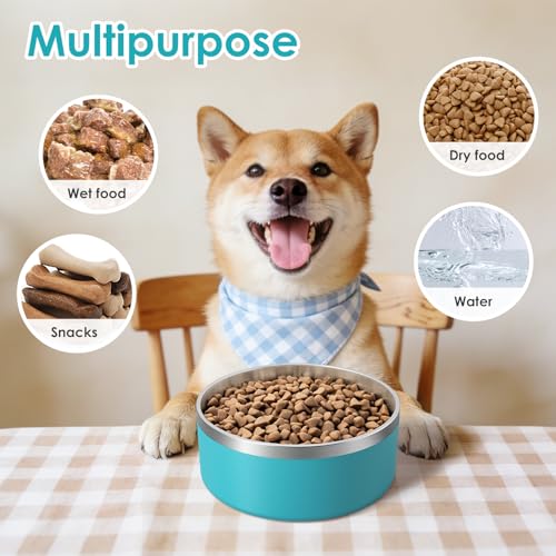 Image of IKITCHEN Dog Bowl for Food and Water, 64 Oz Stainless Steel Pet Feeding Bowl, Durable Non-Skid Double Wall Insulated Heavy Duty with Rubber Bottom for Medium Large Dogs (64 Ounces /8 Cup, Lakeblue)