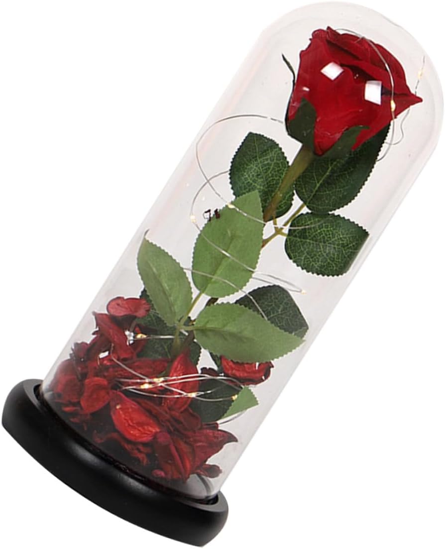 Amosfun Simulation Immortal Rose LED Light Glass Cover Elegant Desktop Ornament for Valentine's Day Present Home Decor for Women Ladies No Battery Included
