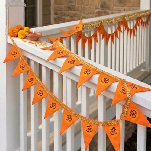 Image of BookMyCostume Religious & Spiritual Decoration Collection - Saffron Flags, Bunting Ladi, & Ethnic Stoles - Devotional Accessories for Temple, Festivals, Puja, Rallies & Daily Rituals