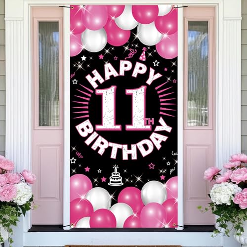 Happy 11th Birthday Decorations for Girls, Hot Pink Fabric Banner Backdrop for 11 Year Old Birthday Party, Yard Sign Style Door Decor, Photo Backdrop for Indoor or Outdoor Use PHXEY