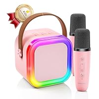 Kinglucky Mini Karaoke Machine for Kids, 2025 Top Christmas & Birthday Gifts for Girls Ages 3, 4, 5, 6, 7, 8, 9, 10, 11, 12 Years Old, Kids' Personal Video Players Accessories with 2 Mics – Pink