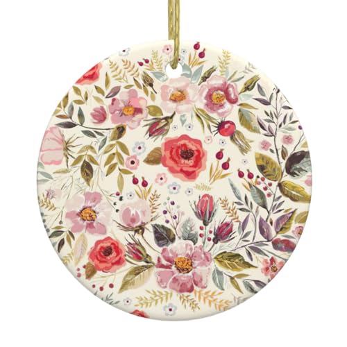 Adorno de cerámica con estampado floral moderno, adorno colgante de Navidad, ideas de regalo