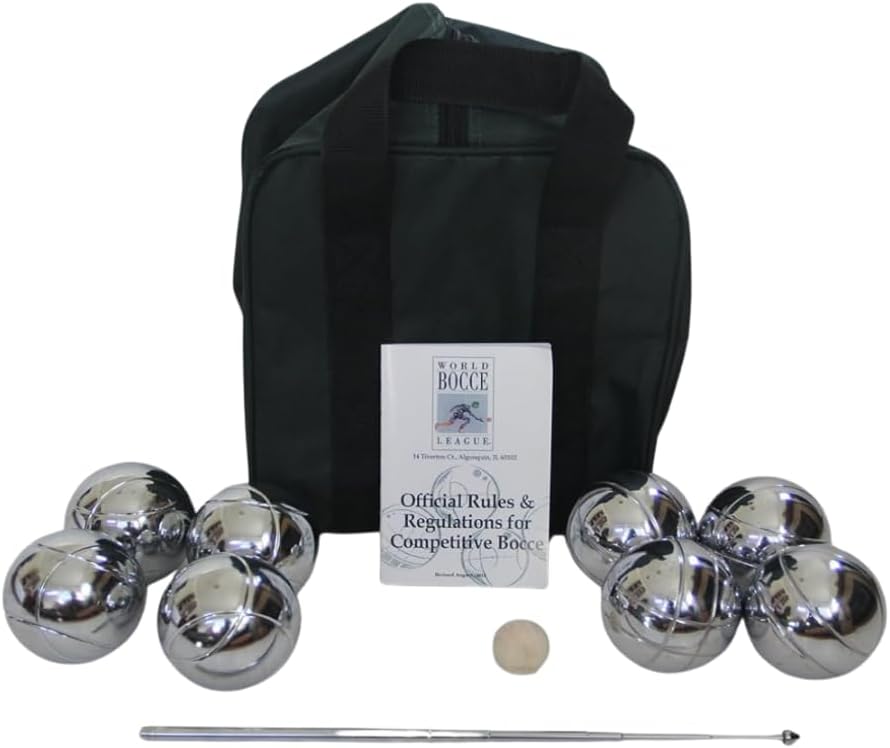 BuyBocceBalls Listing - Unique 73mm Petanque/Bocce Pack - with 8 Silver Balls, Green Nylon case, Rule Book and extendable Measuring Device