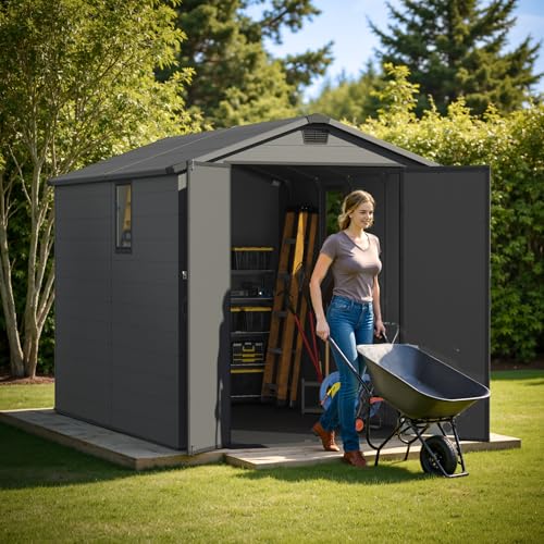 Image of Greesum 6x10FT Plastic Storage Shed with Floor, Resin Outdoor Storaged Sheds with Lockable Double Door, Window and Vents, All-Weather Tool Sheds for Garden, Patio, Backyard, Dark Gray
