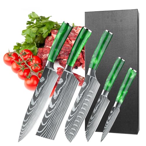 MDHANDD 5 Pièces Set Couteau Cuisine Super Aiguisé, Couteaux de Cuisine Professionnel Set en Acier Inoxydable à Haute Teneur en Carbone, Couteaux de Cuisine avec Ergonomique verte résine Poigné