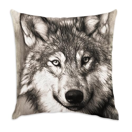 Fabulous Housse de Coussin en Velours Blanc - Dessin Tete De Loup Animal Sauvage Noir Et Blanc Art - 40 x 40 cm Toucher Velours