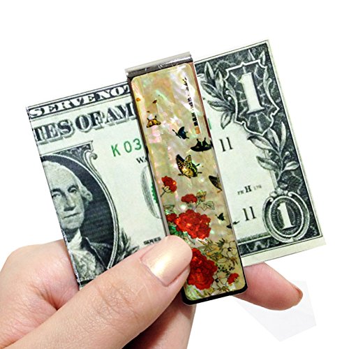 Mother of Pearl Red Peony Flower Butterfly Slim Stainless Steel Metal Money Clip Holder3