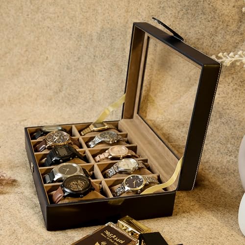 Image of Leather World Faux Leather Watch Box Organizer For Men & Women - Wrist Watch Box Holder 10 Slots - Removable Pillows Display Case - Gift for Loved Ones - Black