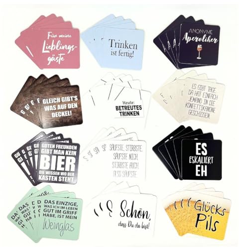 Bierdeckel Getränke Glas Untersetzer mit lustigen Sprüchen 9 x 9 cm 60 Stück 12-fach sortiert