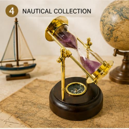 Image of Sand Timer sandclock Antique Brass Sand Timer with Compass on Wooden Base Hourglass Clock Nautical Theme Decor