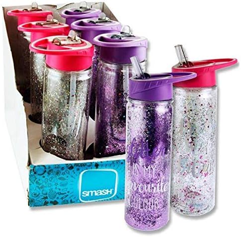 Smash 500ml Pink/Purple Glitter Sequin Effect Twin Wall Clear Drinking Bottle
