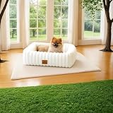 CareCooo Hundebett Kleine Hunde & Katzen Waschbar - Flauschiges Hundekörbchen mit Abnehmbarem Bezug - Rutschfestes Hundekissen & Welpenbett, Weiches Kunstfell, Rechteckig, Weiß, Größe S (50x48x15cm)