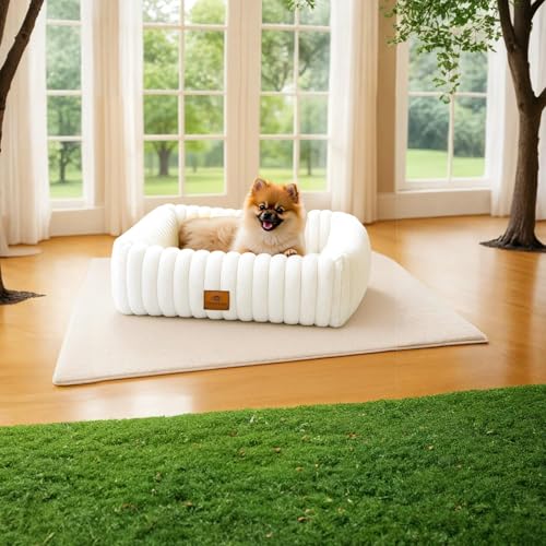 CareCooo Hundebett Kleine Hunde & Katzen Waschbar - Flauschiges Hundekörbchen mit Abnehmbarem Bezug - Rutschfestes Hundekissen & Welpenbett, Weiches Kunstfell, Rechteckig, Weiß, Größe S (50x48x15cm)