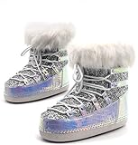 Cape Robbin Polar Warm Winter Boots for Women Girls, Lace Up Faux Fur Moon Boots, Ladies Winter Boots - Holographic Size 10