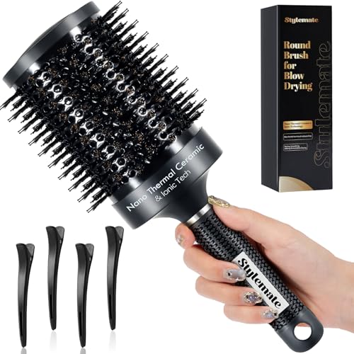 Large Round Brush, (Barrel 2.7 Inch, 65mm) Nano Thermal Ceramic & Ionic Tech Round Barrel Roller Hair Brush with Boar Bristles for Blow Drying-Black