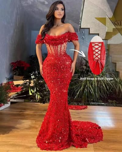 Sequin Mermaid Prom Dress for Women 2025 Off Shoulder Sparkly Formal Evening Dresses Long Cocktail Party Gowns with Train P22