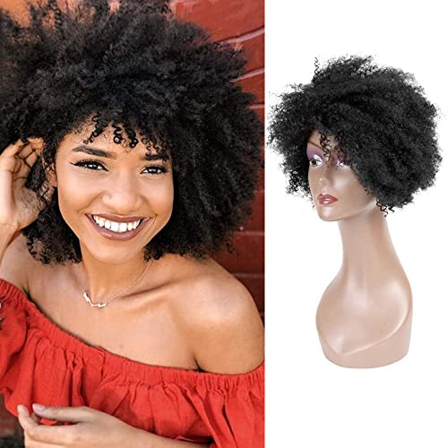 QUEENTAS 8inch Short Kinky Curly Human Hair Afro Wigs for Black Women None Lace Wig Natural Black (Natural Spiral Curls)