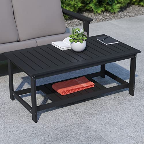Flash Furniture Charlestown Two Tiered Commercial Grade Adirondack Coffee Table - Black Finish Poly Resin Wood - All-Weather - Slatted Shelf Design #TOP7