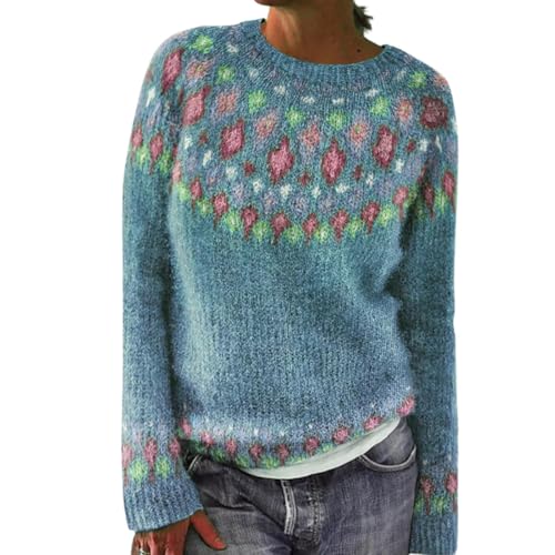 ZOCAVIA Women's Fair Isle Sweater Colorful Argyle Crewneck Knitted Sweaters Fall Winter Vintage Long Sleeves Pullover Tops