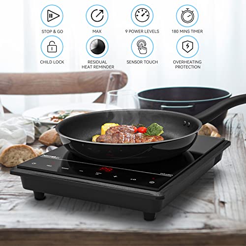hermitlux Portable Induction Cooktop, 1800W Professional Hot Plate with Sensor Touch & Safety Lock, 9 Power Setting Stove with Timer - Thumbnail 2