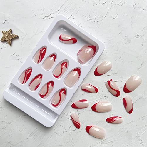 Red Press On Nails French Tip Fake Nails Almond Shape False Nails With Red Swirl Designs Full Cover Acrylic Nails Medium Stick On Nails Glossy Glue On Nails Red Nail Tip Cute Artificial Nails 24Pcs #TOP3