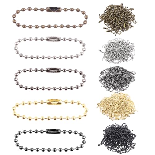 Tantisc 250Pcs 5 Colors Metal Ball Beads Chain Kit, 2.4 x 100mm/0.09” x 3.94” Ball Bead Keychains with Connectors, Dog Tag Chain Necklace Ball Chain Keychains for DIY Crafts