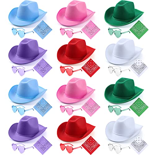 Image of 36 Pcs Adult Cowboy Hat with Paisley Bandanna Heart Sunglasses Unisex Felt Cowboy Hat Men Women Western Party Costume
