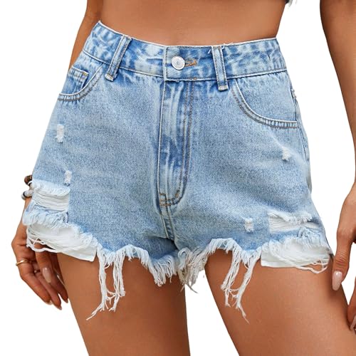 Short en jean déchiré taille haute femme en denim bleu classique