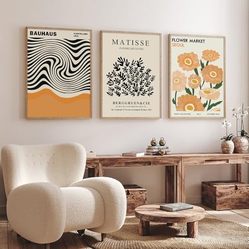 3 Posters Bauhaus Orange Matisse 50x70cm Abstract Beige Flower Market Modern Art Design Living Room Wall Decor Bedroom Adult