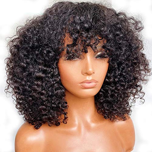 Flowerseason Hair Curly 180% Density Human Hair Wigs With Bang Jerry Curly Wig Full Machine Made with Scalp Base Top Peruvian Remy Hair (20 Inch)
