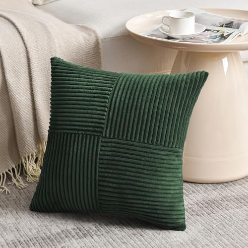 Image of Fancy Homi Set of 2 Dark Green Samll Decorative Throw Pillow Covers 14x14 Inch for Living Room Couch Bed, Boho Farmhouse Forest Green Home Decor, Soft Corss Corduroy Patchwork Textured Cushion Case