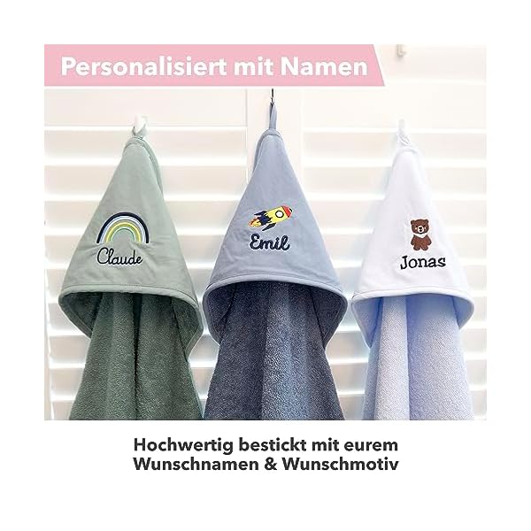 Kapuzenhandtuch für Baby (75x75cm) und Kinder (100x100cm) mit Namen personalisiert für Jungen und Mädchen aus 100% Baumwolle - Babyhandtuch und Kinderhandtuch – Bild 6