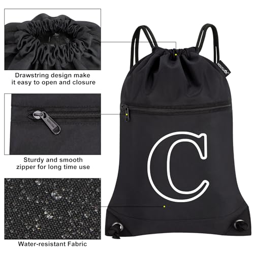 Image of HOLYLUCK Drawstring Bags Initial Backpack Sackpack Cinch Bags for Sports, Gym, Travel, Beach(Black-C)