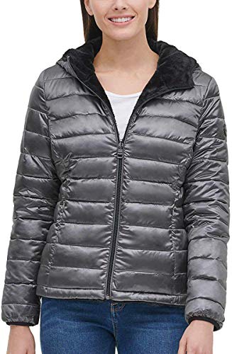 Andrew Marc Ladies' Ultra Soft Attached Hood Reversible Jacket (S, Shine Granite)