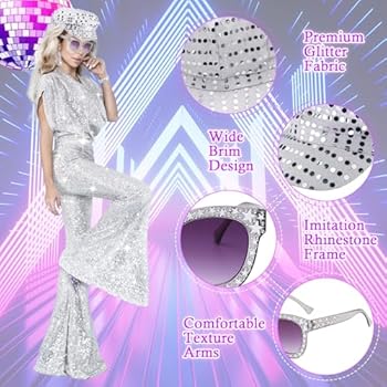 AffeGifts Abba Kostuum voor dames, 5 stuks, disco outfit dames pailletten sjaal oorbellen, zonnebril armband en hoofdband detective accessoires vrouwen jaren 70 80 disco themafeest, roze, Als Bild