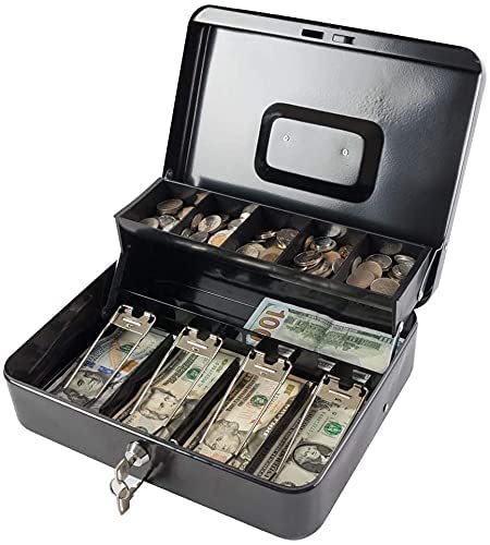 Large Metal Cash Box with Lock – Money Safe with Cantilever Tray, 5 Compartments, 4 Spring-Loaded Bill Clips, Black, 12 Inch-image-9