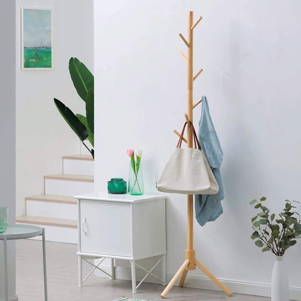 BAKAJI Attaccapanni Appendiabiti di Design a Piantana da Terra in Legno di Betulla con 8 Ganci Appendi Abiti e Base Treppiedi Dimensione 41 x 41 x 176 cm (Naturale)