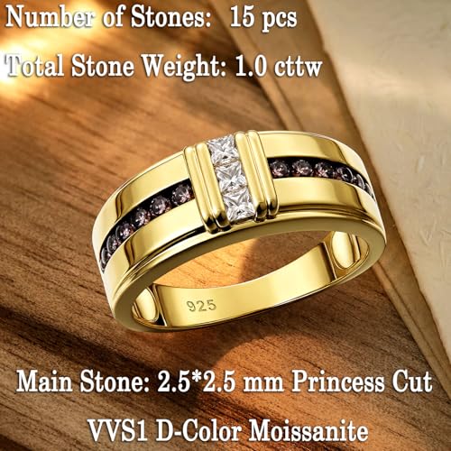 D-Color VVS1 Gold Moissanite Mens Wedding Band 925 Sterling Silver Engagement Ring for Him Pave Princess Size 9-122