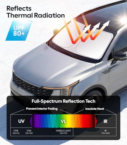Image of Wigoo for Kia Sorento Windshield Sunshade [OEM Design, 100% Sun Blockage] Foldable Heat Insulation Sun Shade with Storage Bag, for Kia Sorento (2016-2026), Silver Coating