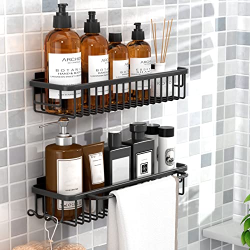 2PCS Shower Caddy Bathroom Shower Organizer, Carmanon Shower Storage Holder with Towel Rack & Hooks, No Drilling Adhesive Shower Shelf for Inside Shower, Wall Mount Shower Caddy, Black