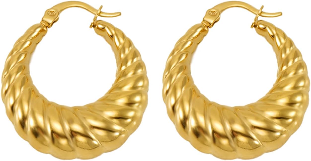 18k Gold Plated Stainless Steel Chunky Twisted Hoop Earrings Big Gold Hoops Earrings for Women, Size 25mm