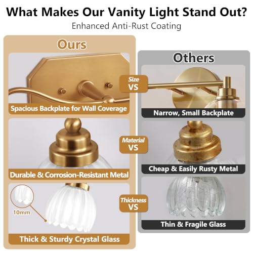 Image of Vintage Gold Vanity Lights, 2 Light Milk White Tulip Crystal | Antique Brass Finish, Brushed Gold Bathroom Light Fixtures, Wall Sconce Ideal for Bedroom, E26 Compatible, Easy Install