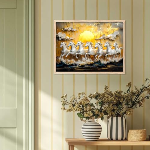 Image of HOTHOUSE 7 Horses Vastu Frame Wall Art Painting for Living Room Bedroom Office Home Decor | Seven Running Vastu Lucky Horse Rising Sun Painting Wall Decor Size (10X13 inch)
