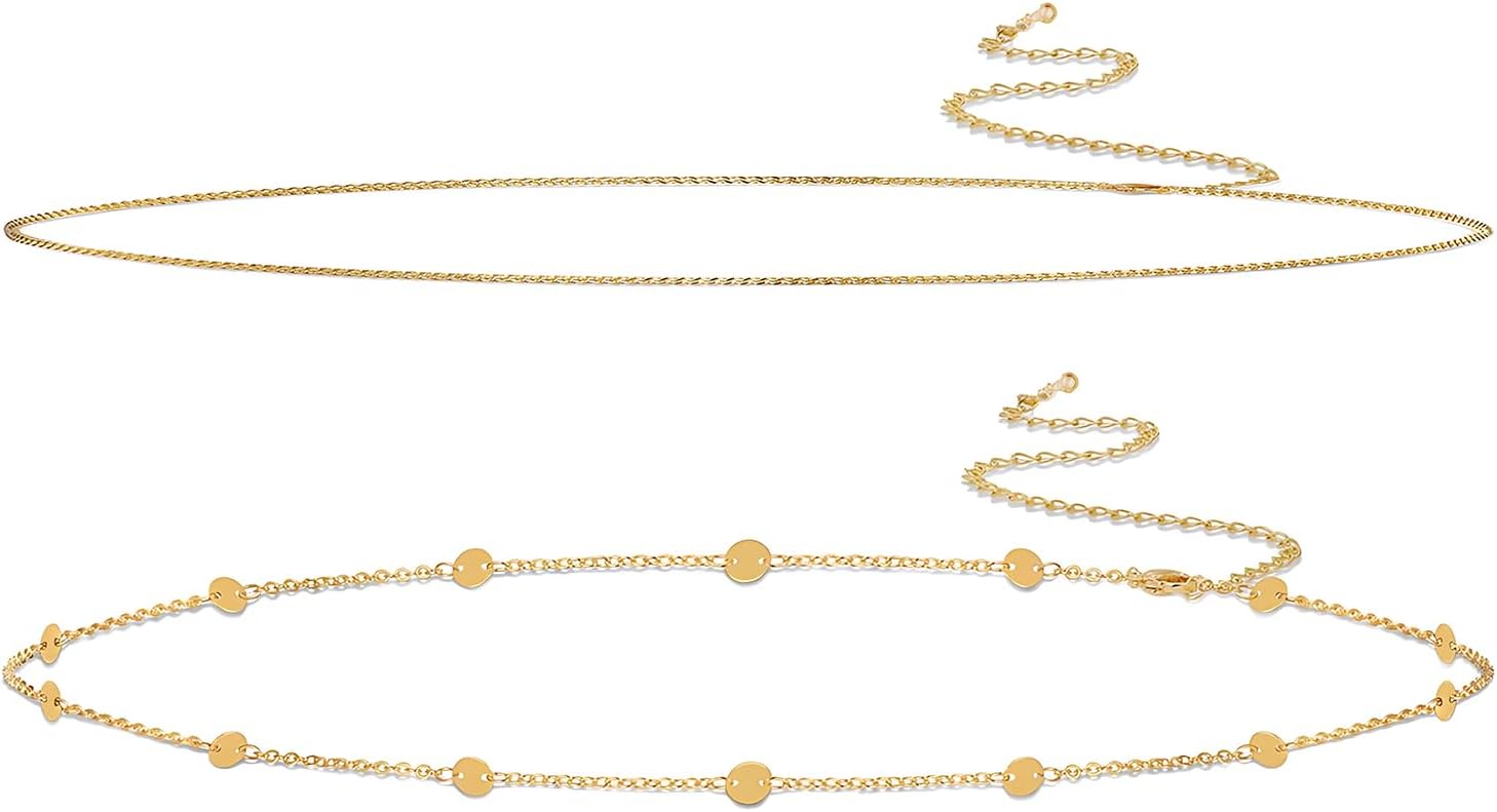 2Pcs Waist Chains for Women 18K Gold Plated Belly Chain Sexy Pearl Cuban Adjustable Waterproof Bikini Body Chain Beach Boho Beaded Satellite Waist Chain