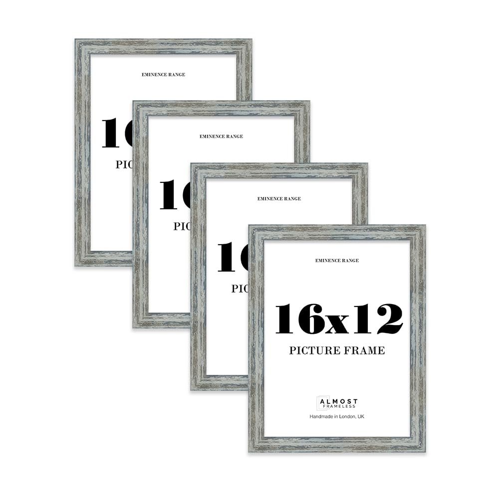 16x12" Distressed Blue Picture Frame - Rustic Wood Industrial Effect Photo Frame for Wall Display, Ideal for Posters, Prints & Home Dรฉcor, Wall Hooks, 32mm Edge - 4 Pack โ image 1