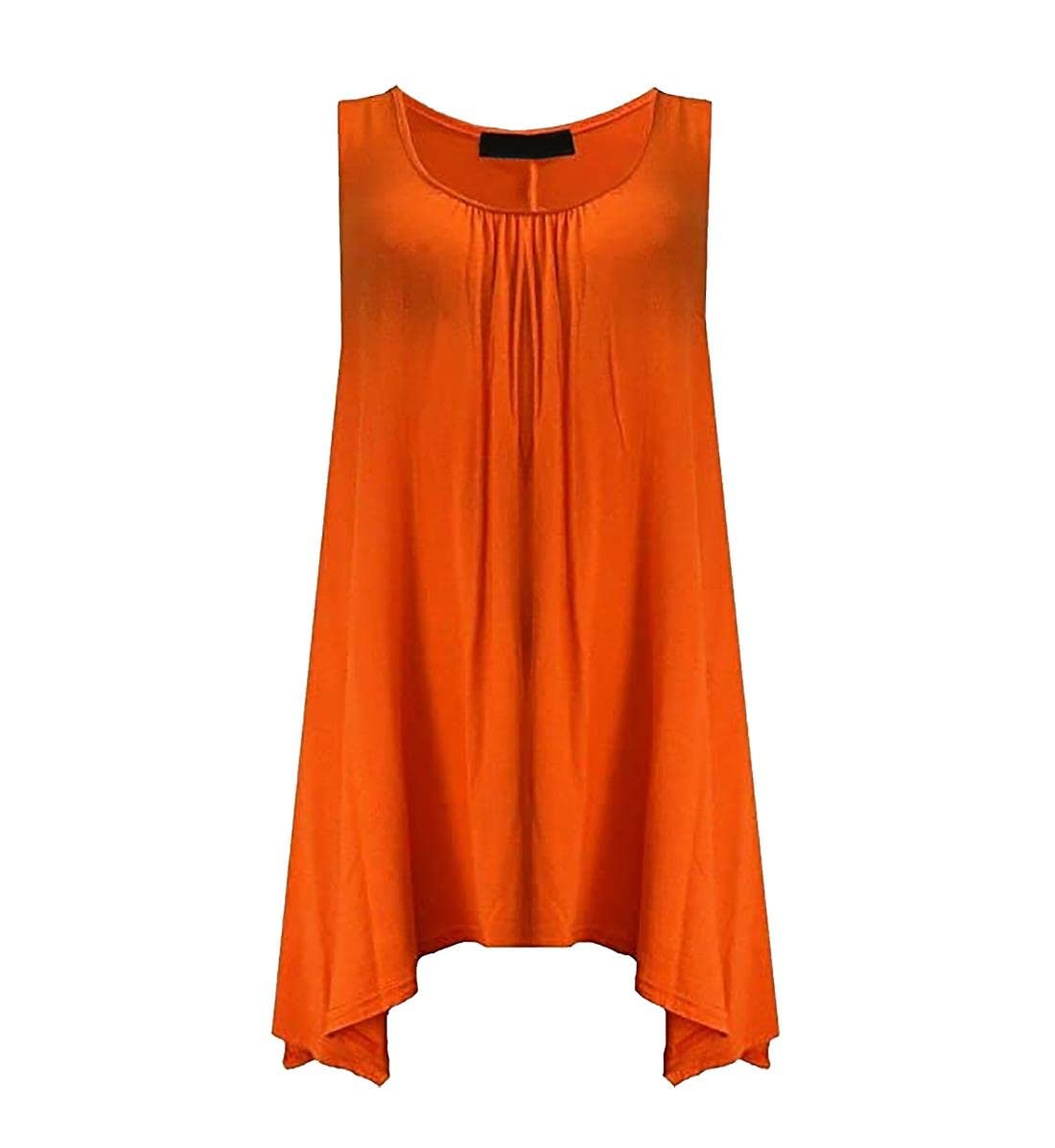 Real Life Fashion Ltd Women's Orange Sleeveless Hanky Hem Top Plain Gathered Top Scoop Neck Tunic Shirt Flared Vest Top